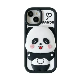 Cat Care for iPhone 13 Cute Panda with Mirror and Stand Case, Soft Silicone 3D Cartoon with Holder, Full Protective Back Cover (Black)