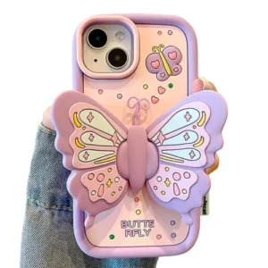 GULEEL Silicone Compatible for iPhone 15 Cover with Cute 3D Butterfly Wings Kickstand Silicone Back Cover Case for Women Teen Girls - Lavender
