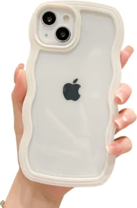 Twikka Stylish Case Compatible with iPhone 14 Back Cover, Adorable Clear Case with Curly Wave Frame for Women and Girls, Transparent Soft Silicone TPU Bumper Shockproof Protective Cover (White)