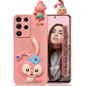 Samsung Galaxy S24 Ultra 5G Back Cover – Cute Phone Cases with Adorable Greeting Rabbit Peeking Cartoon Design, Soft Silicone Protection (Pink)