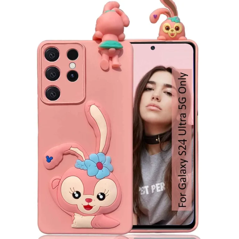Samsung Galaxy S24 Ultra 5G Back Cover – Cute Phone Cases with Adorable Greeting Rabbit Peeking Cartoon Design, Soft Silicone Protection (Pink)