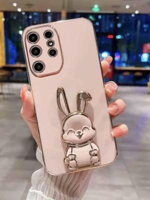 Cute Phone Cases - KC Rabbit Folding Kickstand Silicone Case for Samsung Galaxy S24 Ultra 5G