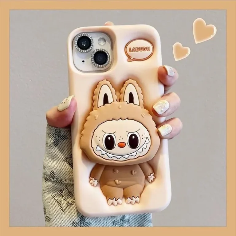 COVERLY for iPhone 16 3D Labubu Cartoon Pop Case, Premium Silicone Case Plush Love Light Cream Color with Phone Holder Cool Full Protective Cute Kawaii Aesthetic Cover for Apple iPhone 16