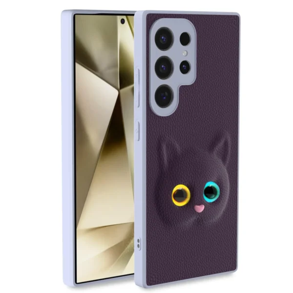 Samsung Galaxy S24 Ultra 5G Back Cover for Girls – Cute Phone Cases with Adorable Cat Design, Leather Finish & Soft TPU Protection (Purple)