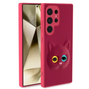 Samsung Galaxy S24 Ultra 5G Back Cover for Girls – Cute Phone Cases with Cute Cat Design, Leather Finish & Soft TPU Protection (Pink)