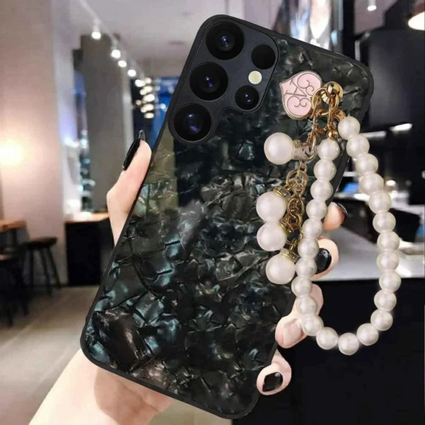 Samsung Galaxy S24 Ultra 5G Luxury Shiny Pearls Wrist Chain Case – Cute Phone Cases with Soft Silicone Marble Shell Design (Black)